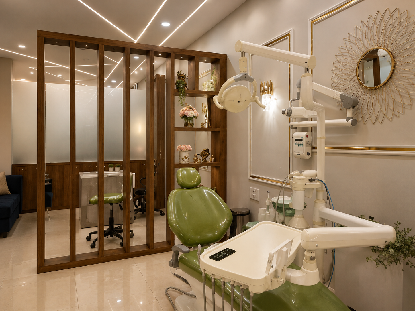 Dental operatory with a modern dental chair and overhead light at the Indirapuram clinic