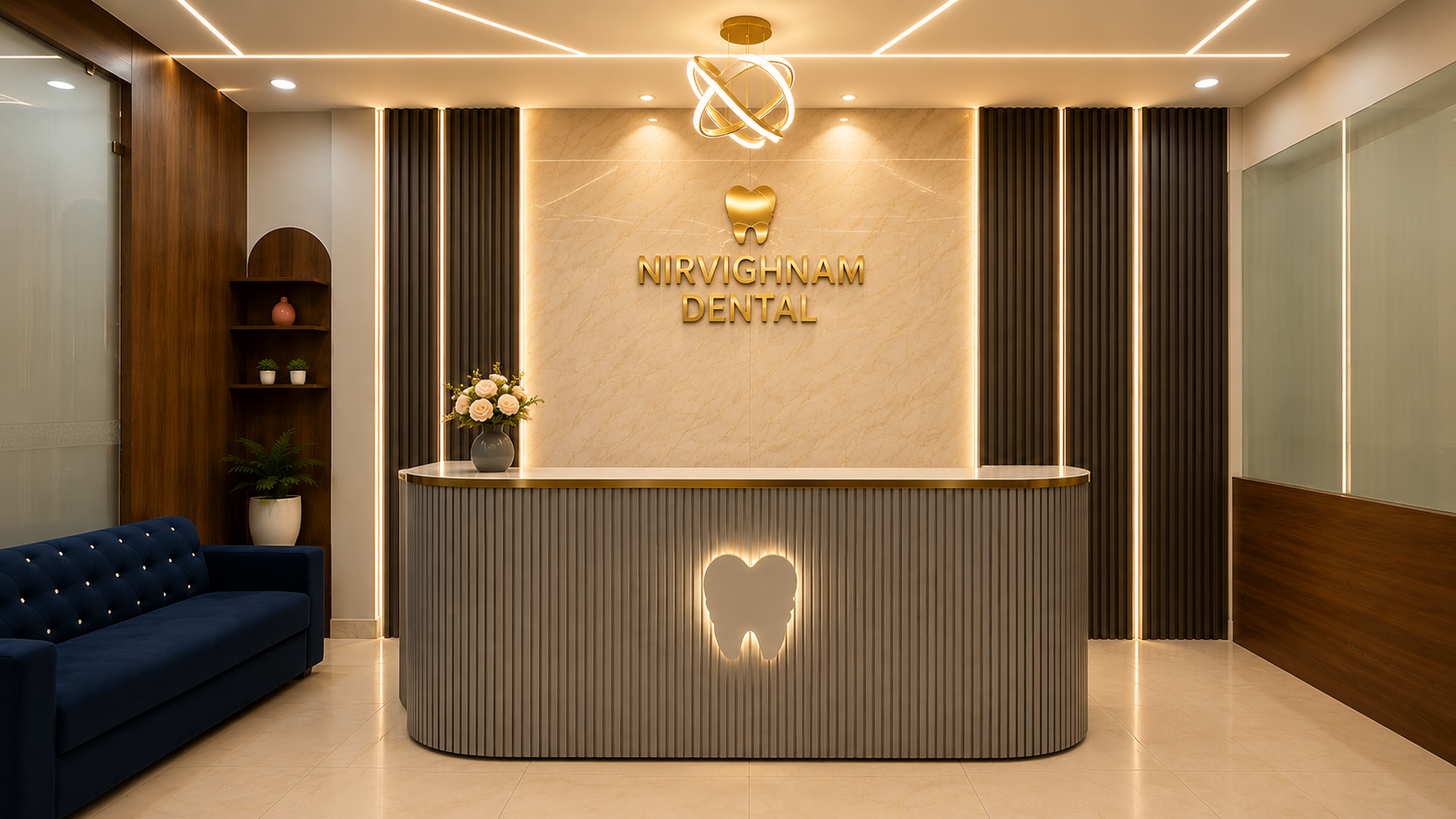Front view of the Nirvighnam Dental reception counter with backlit tooth emblem