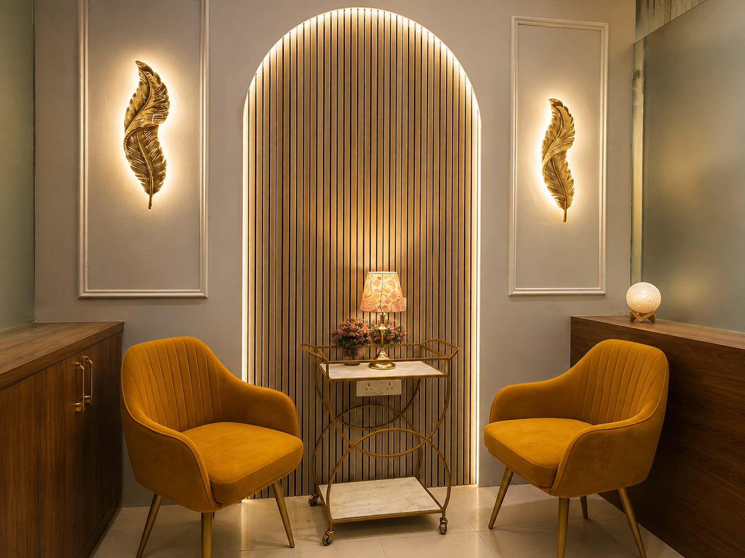 Waiting lounge with velvet chairs and warm arched lighting at the Indirapuram clinic