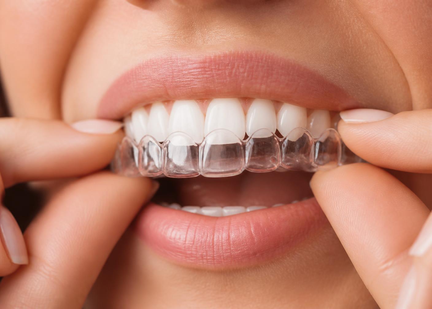 Transparent clear aligner tray held up in a dental clinic