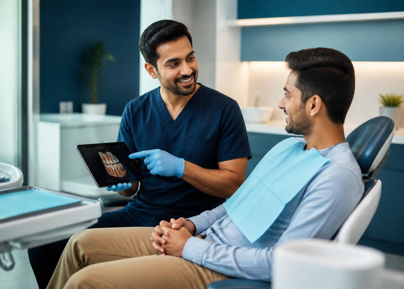 Orthodontist reviewing a braces treatment plan with a patient