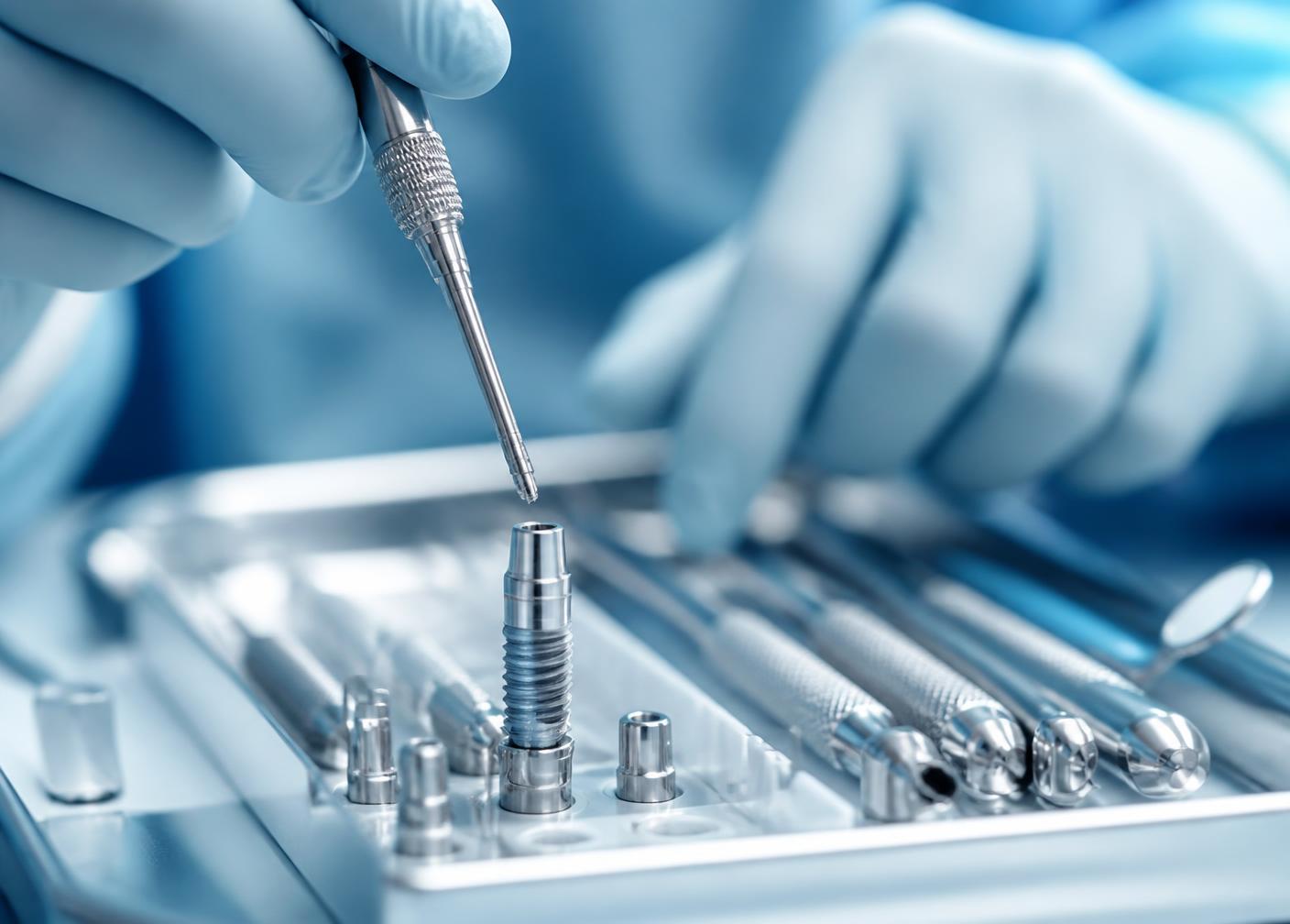 Sterile dental implant instruments arranged on a surgical tray