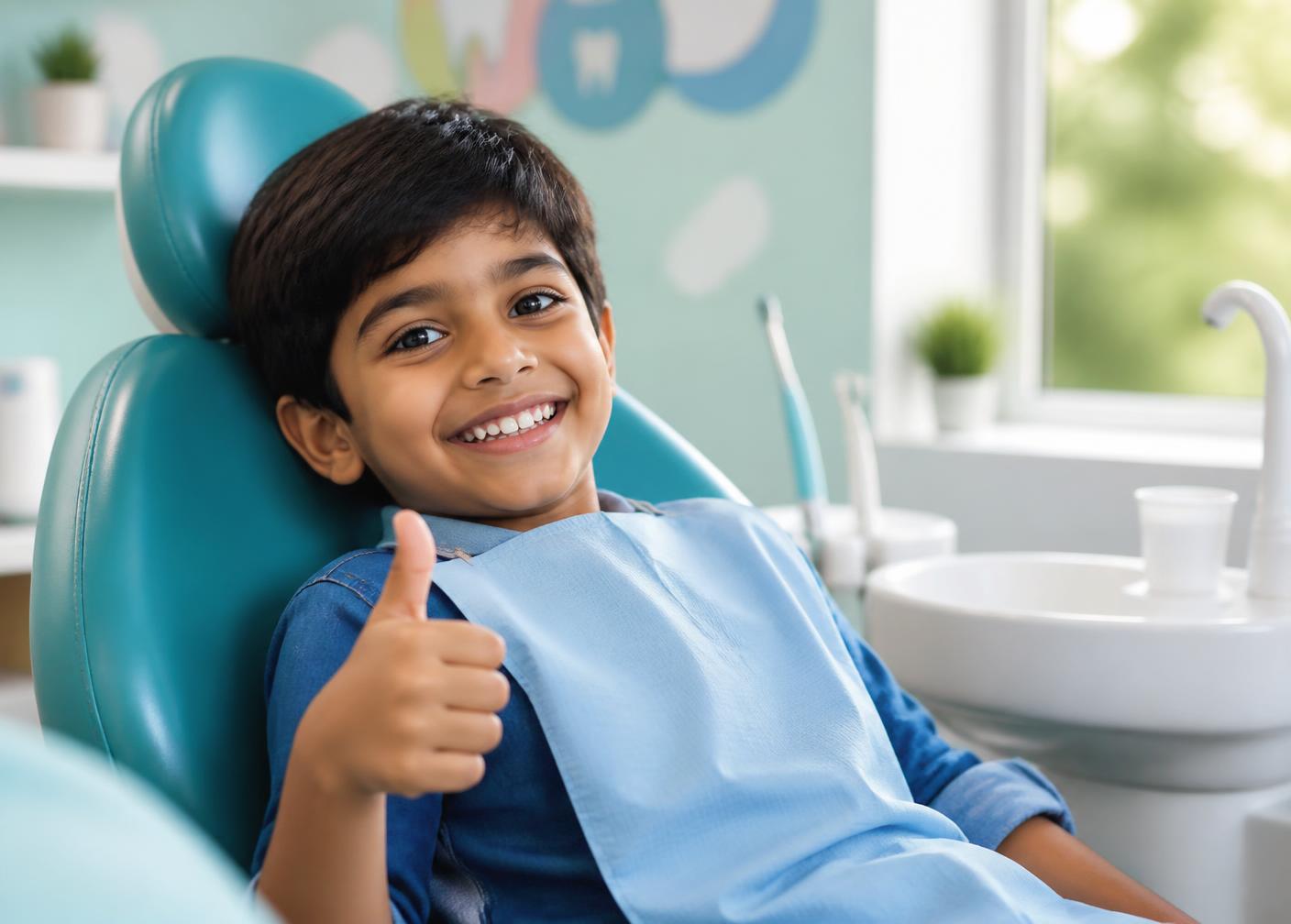 Smiling child giving a thumbs up in a paediatric dental chair